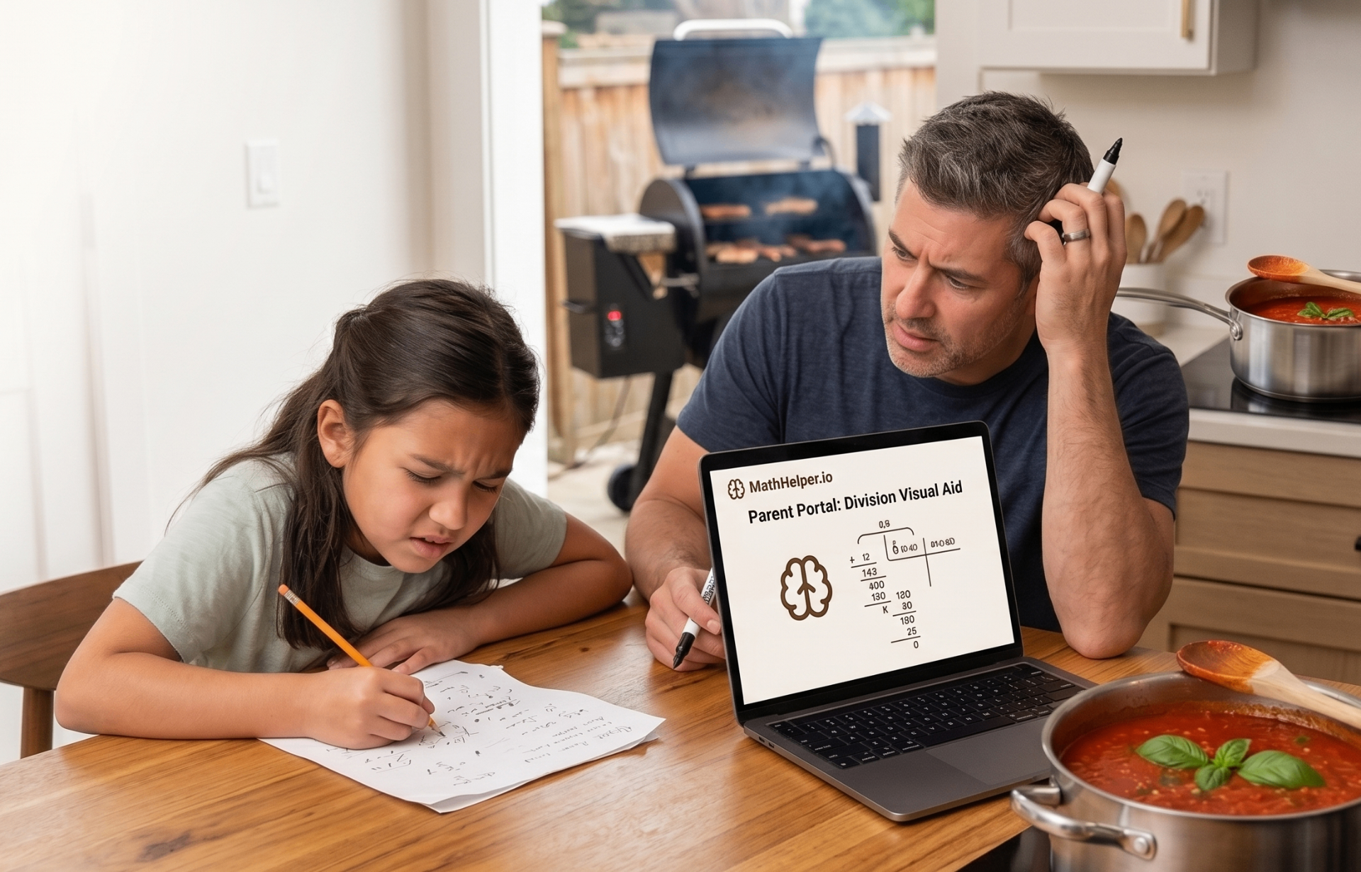 A dad and daughter at the kitchen table working through homework with MathHelper.io while dinner cooks